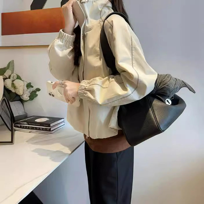 Damska lekka Overshirt kurtka z ze stójką, Snap guzikami Closure &amp; kontrastowy Stitching Lumaza