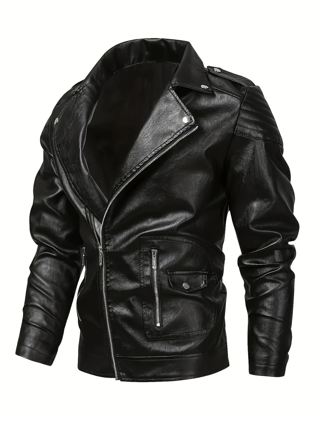 Męski biker kurtka wykonany z imitacja skóry z asymmetrical zamek i ocieplany ramienny inserts