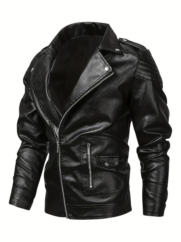 Męski biker kurtka wykonany z imitacja skóry z asymmetrical zamek i ocieplany ramienny inserts