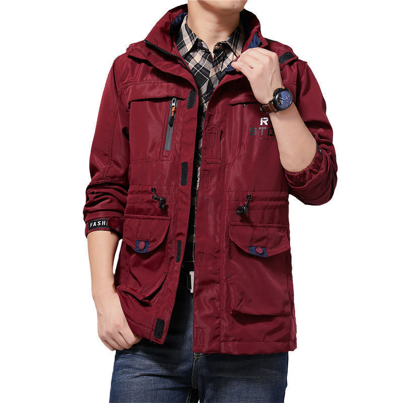 Męski Lekki Utility Field Parka z Kaptur, Multi-Pockets i Regulowany Drawstring Waist