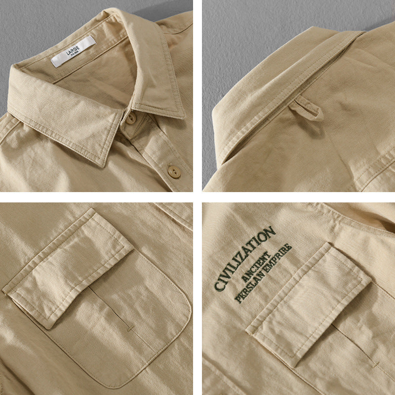 Męski Military-Inspired Koszula wierzchnia z Double Kieszenie na piersi i Subtelny Embroidery