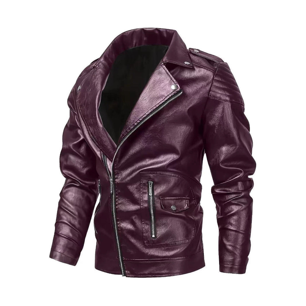 Męski biker kurtka wykonany z imitacja skóry z asymmetrical zamek i ocieplany ramienny inserts