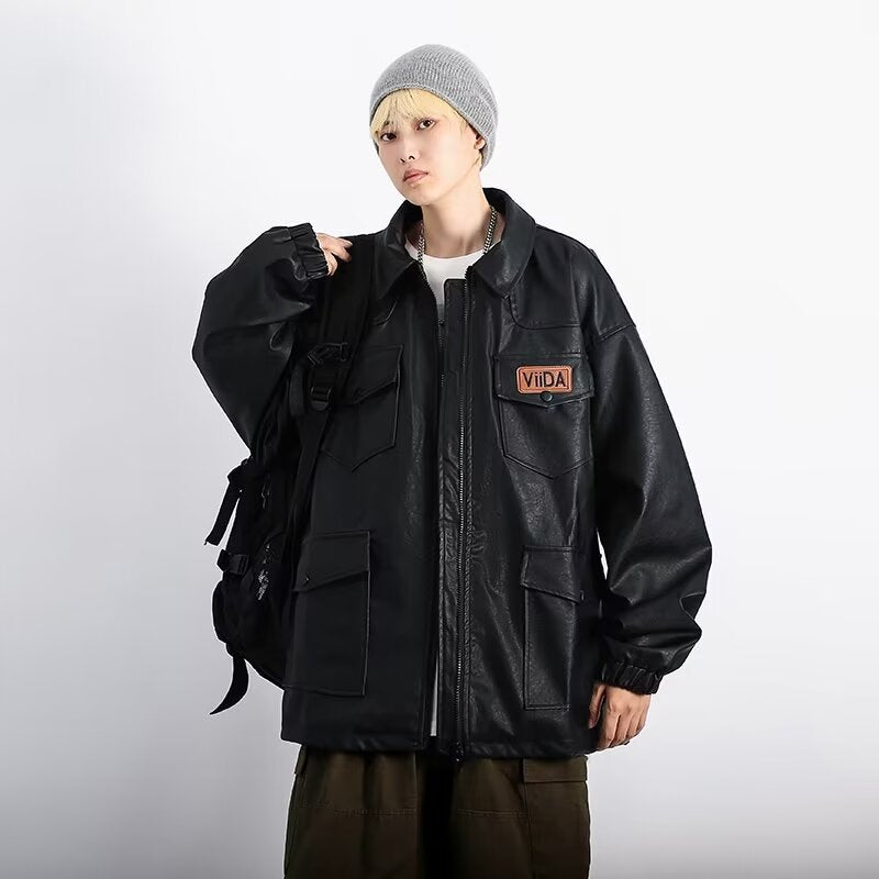 Unisex oversize funkcjonalna imitacja skóry kurtka z Multiple klapką kieszeniami Lumaza