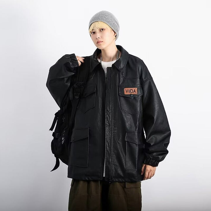 Unisex oversize funkcjonalna imitacja skóry kurtka z Multiple klapką kieszeniami Lumaza