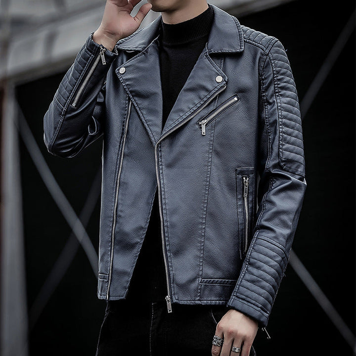 Męski imitacja skóry biker kurtka z pikowany ramienny yoke, asymmetric zamek i metal zamek
