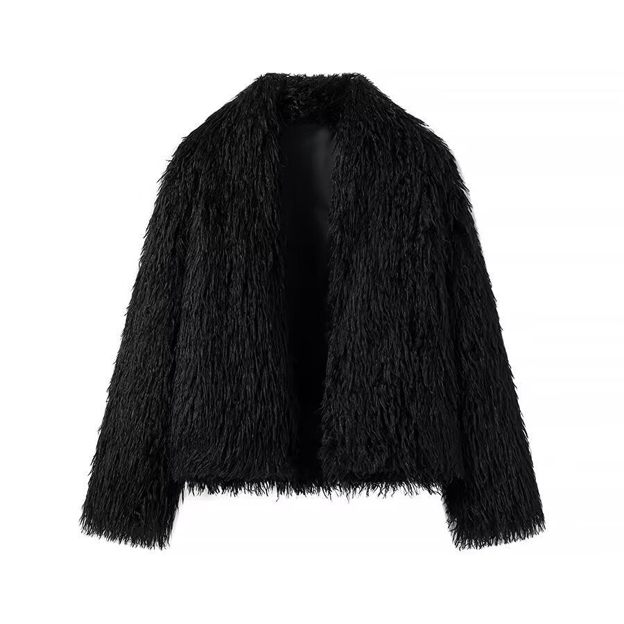 Damska krótka Plush Faux Fur kurtka z Voluminous Texture Lumaza