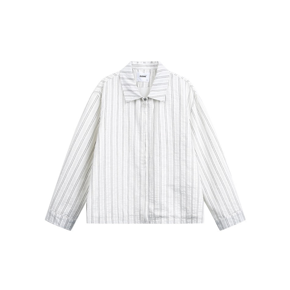 Unisex Lekka Striped Overshirt Kurtka z Kołnierz koszulowy i Ukryty Zamek