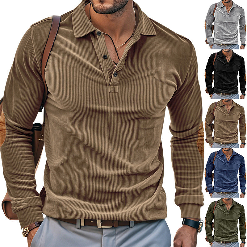 Męska heavy prążkowany bawełna polo sweter z Kent Kołnierz, triple Listwa guzikowa, i zamsz elbow patches