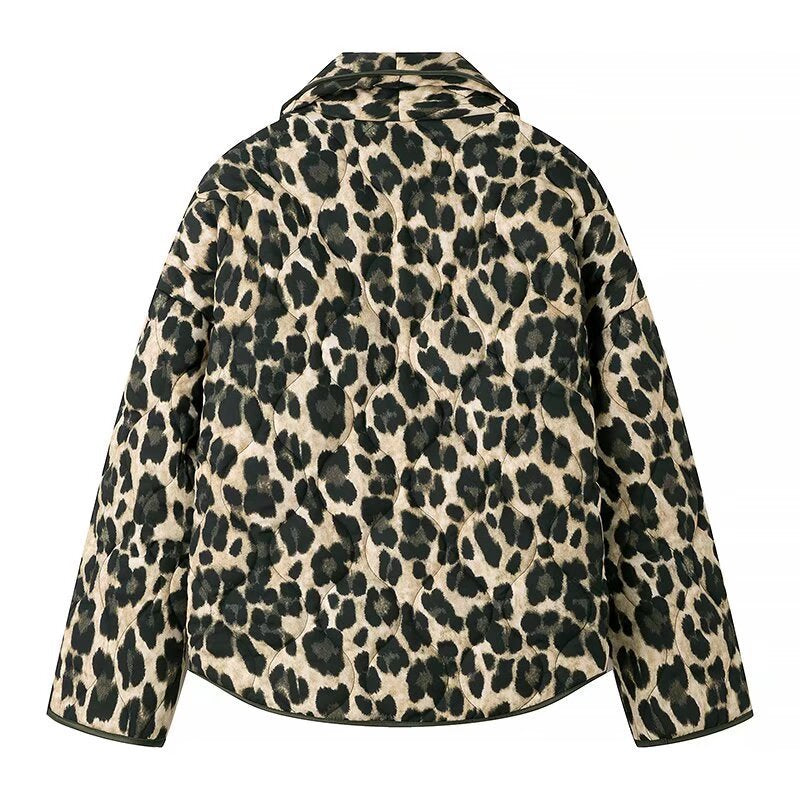 Damska ocieplana krótka kurtka in Leopard Print z Shawl kołnierzem i z naszywanymi kieszeniami Lumaza