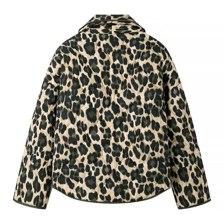 Damska ocieplana krótka kurtka in Leopard Print z Shawl kołnierzem i z naszywanymi kieszeniami Lumaza