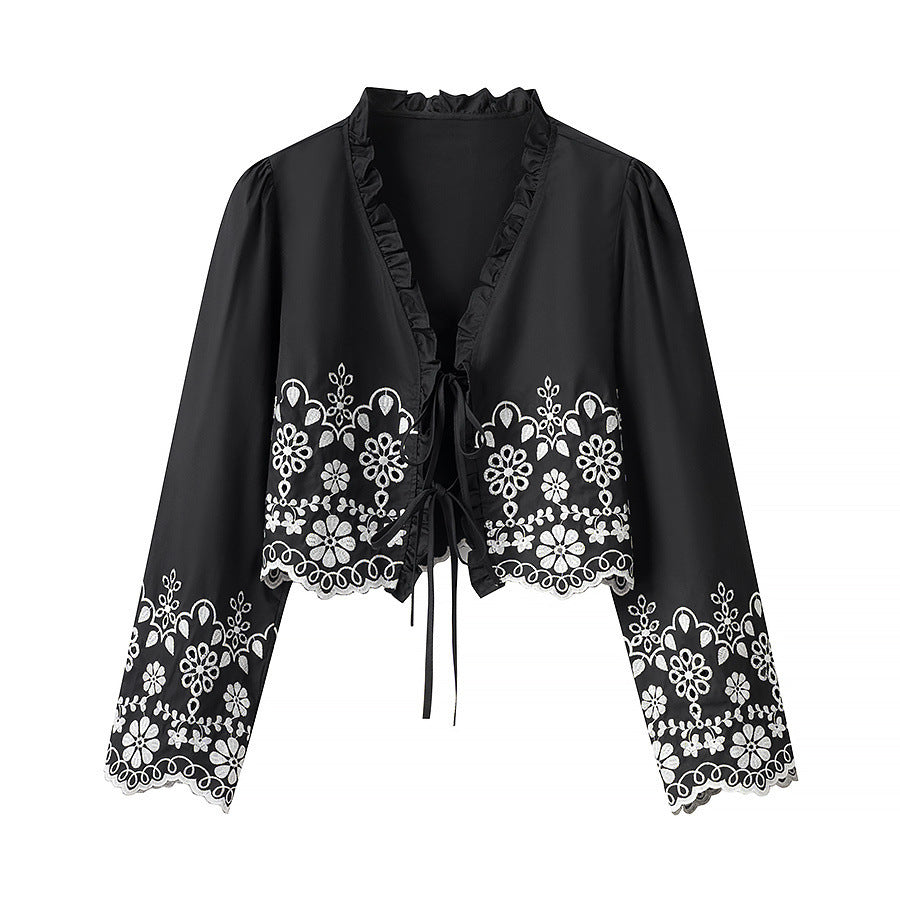 Damska Embroidered krótka Bolero z Ruffled V-Neck i Lacing Closure Lumaza