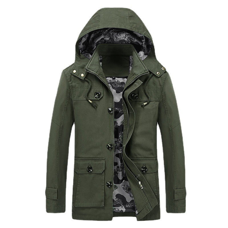 Męska canvas z kapturem parka z camouflage Podszewka, utility Kieszenie, i ukryty zamek listwa