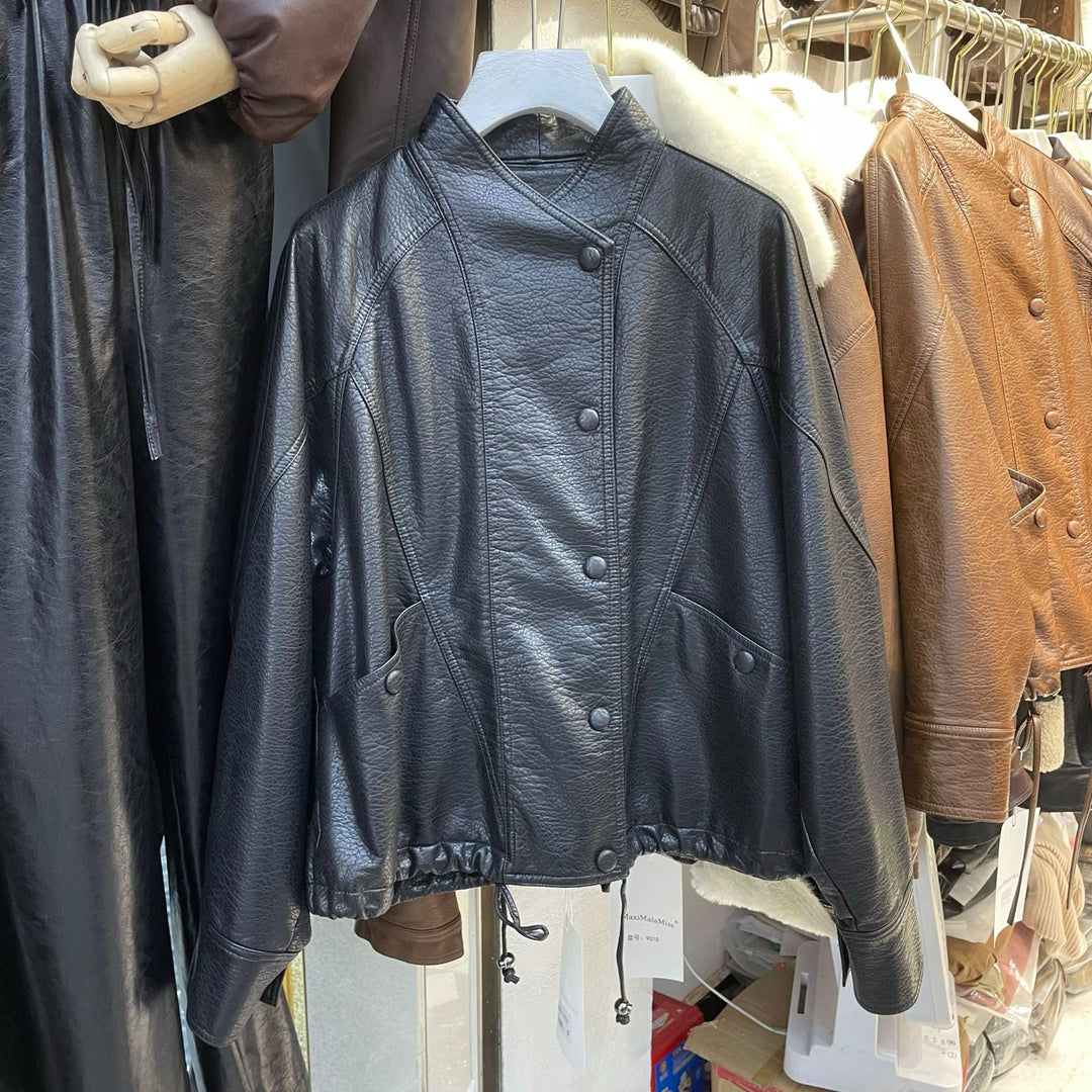 Damska krótka Leather kurtka z textured grain, ze stójką, i ściągaczem pasem Lumaza