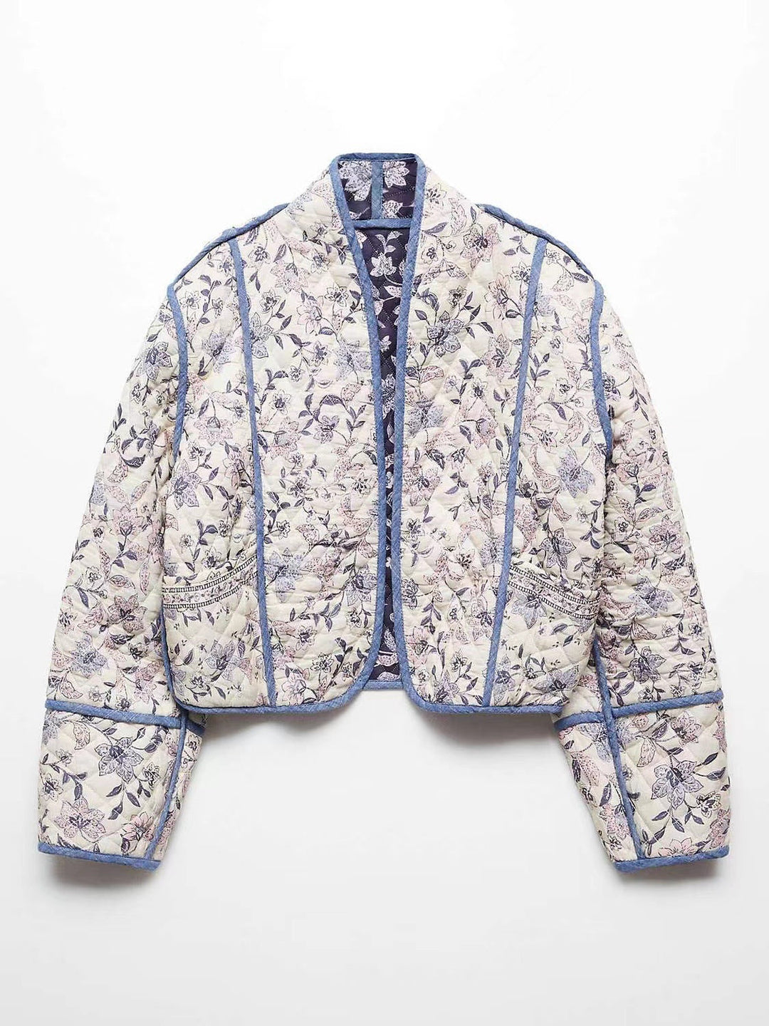 Damska krótka pikowana blouson kurtka z kwiatowa embroidery i contrasting piping Lumaza