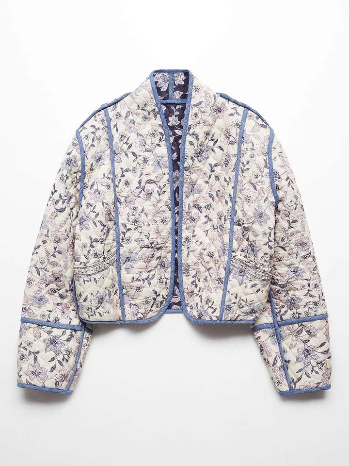 Damska krótka pikowana blouson kurtka z kwiatowa embroidery i contrasting piping Lumaza