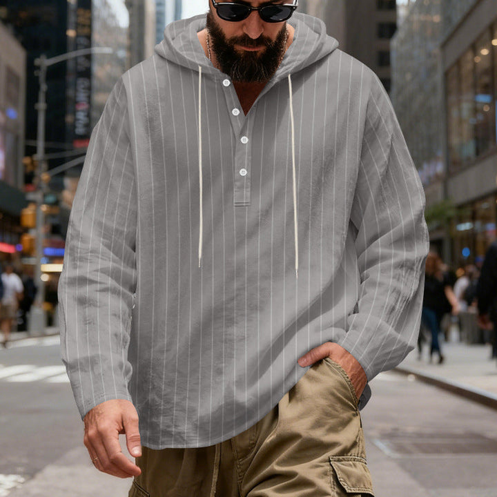 Męska Lekka Bluza z kapturem Henley Koszula z Delikatna Pinstripes