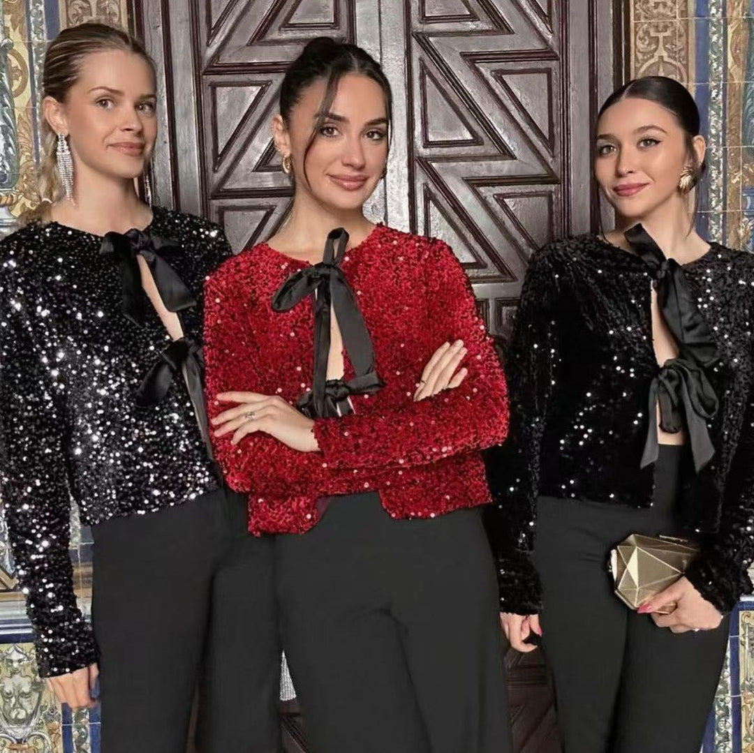 Damska Sequin Bolero kurtka z Decorative satynowa Bows Lumaza