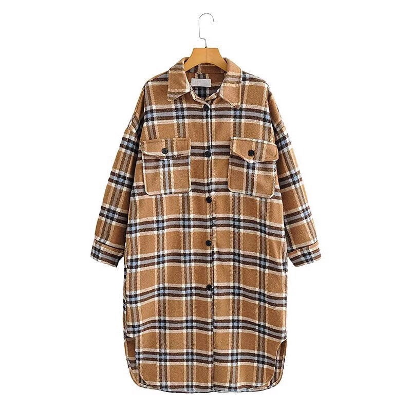 Damska Oversize Kratka Kurtka koszulowa w Longline Krój z Patch Kieszenie na piersi