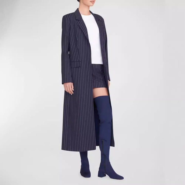 Damska oversize długaline płaszcz in Pinstripe Look z Slit i klapką kieszeniami Lumaza