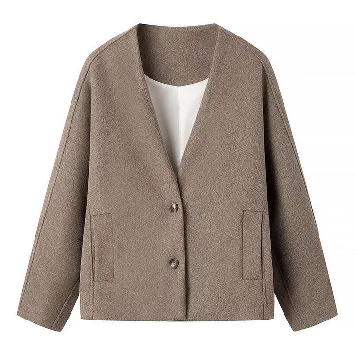 Damska boxy krótka kurtka made of mieszanka wełny z V-Neck i Two-guzikami Closure Lumaza
