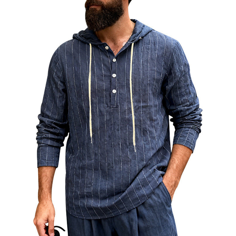 Męska len mieszanka bluza z kapturem koszula z half Listwa guzikowa i pinstripes