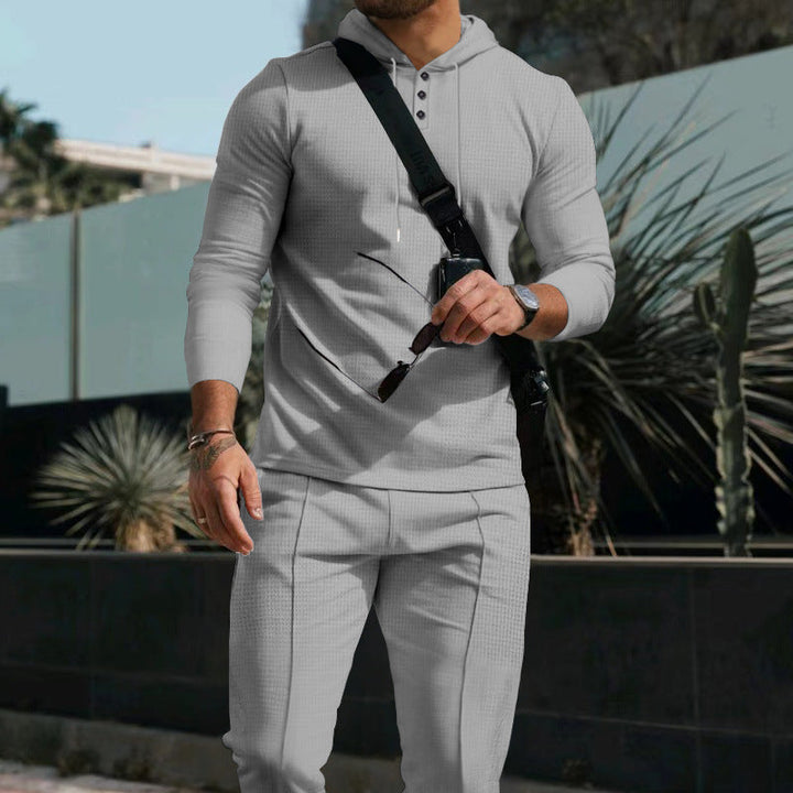 Męska dopasowana z kapturem Listwa guzikowa set wykonana z textured stretch jersey z dopasowany chino jogger