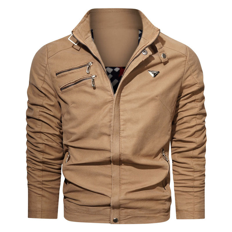 Męski lekki płótno użytkowy blouson z kołnierz ze stójką, asymmetrical chest zamek section, i dekoracyjne zippers.