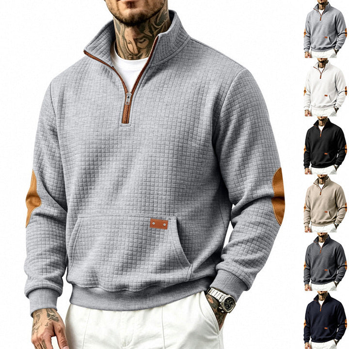 Męska Stójka krótki zamek bluza z checkered relief tekstura i imitacja skóry elbow patches