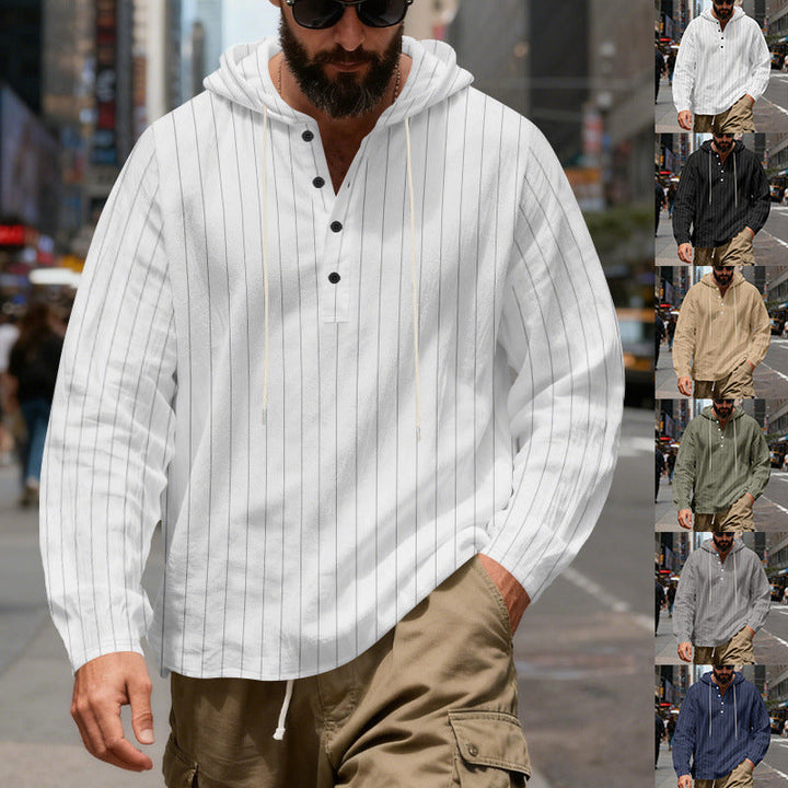 Męska Lekka Bluza z kapturem Henley Koszula z Delikatna Pinstripes