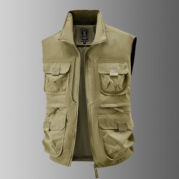 Męska outdoorowy utility kamizelka z multiple kieszeniami, rewdlaced wserts, i przód zamkiem