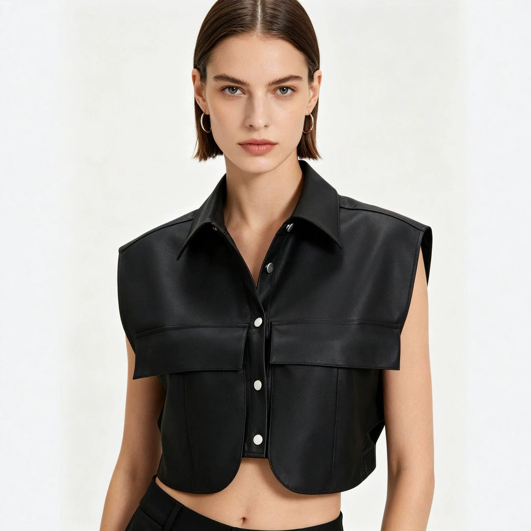 Damska krótka bez rękawów imitacja skóry kamizelka z oversize Shoulders Lumaza