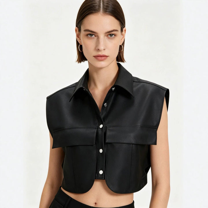 Damska krótka bez rękawów imitacja skóry kamizelka z oversize Shoulders Lumaza