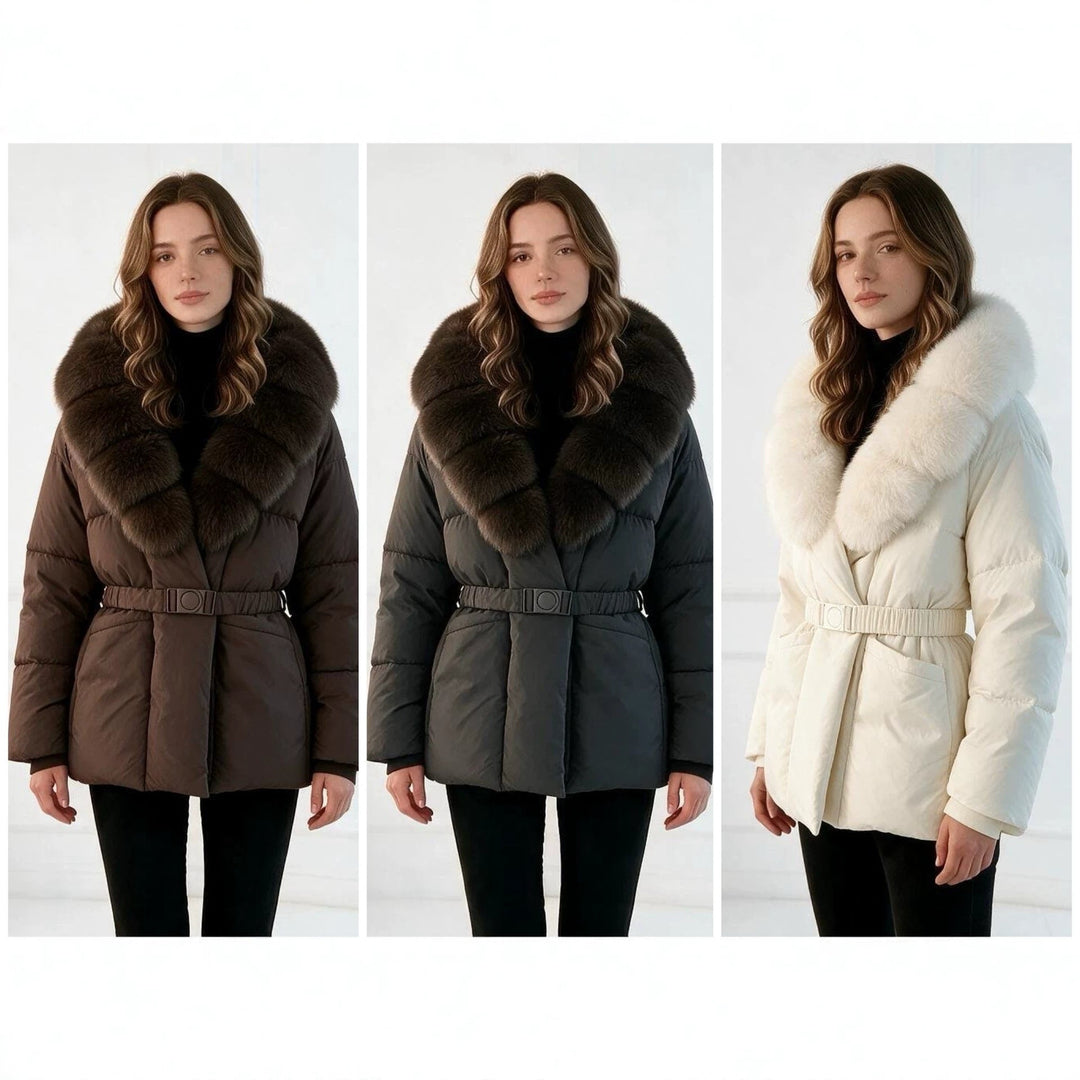 Damska taliowana pikowana kurtka z oversize faux fur kołnierzem, dopasowana paskiem, i warming izolacją termiczną Lumaza