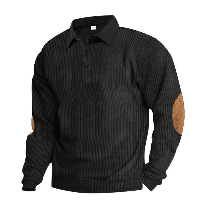 Męska heavy prążkowany bawełna polo sweter z Kent Kołnierz, triple Listwa guzikowa, i zamsz elbow patches