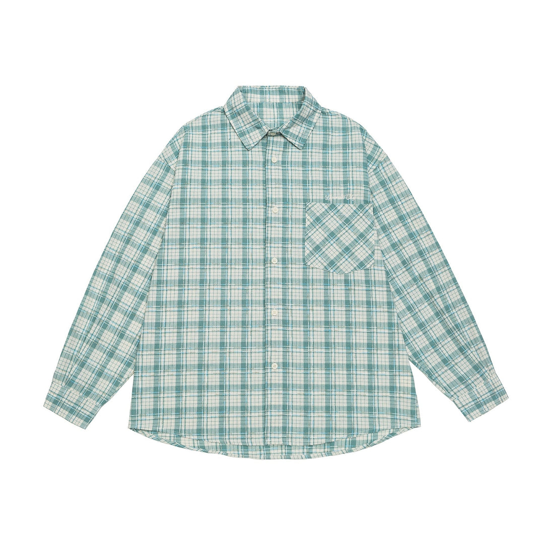 Unisex Oversize Kurtka koszulowa w checkered bawełna wygląd z zaokrąglony Dół i breast kieszeń