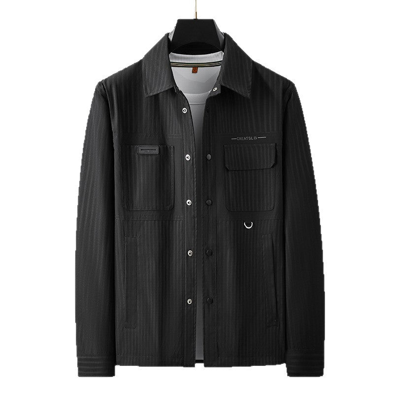 Męski użytkowy przejściowy kurtka w koszula wierzchnia styl z naszywane kieszenie i pinstripe texture