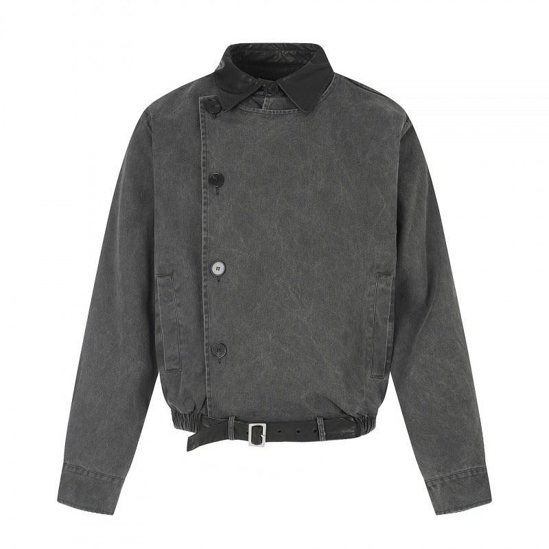 Męska krótki-cut bomberka blouson kurtka w vwtage canvas z skóra kołnierzem i waist belt
