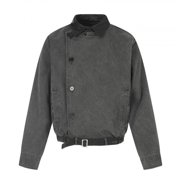 Męska krótki-cut bomberka blouson kurtka w vwtage canvas z skóra kołnierzem i waist belt
