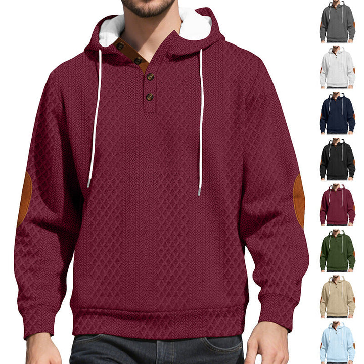 Męska nan diamond structure bluza z kapturem z krótka Listwa guzikowa, pikowana kaptur wewnętrzny edge, i zamsz elbow patch