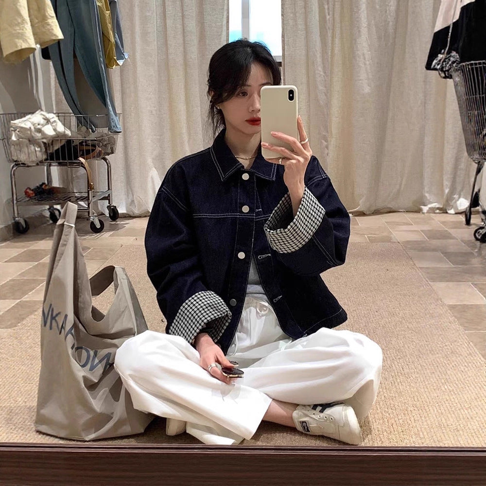 Damska oversize denimowa kurtka z Contrasting Check Lining i Cuff Roll Lumaza