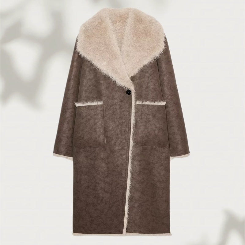Damska Długa Sztuczne futro Shearling Płaszcz z Oversize Kołnierz szalowy i Naszywane kieszenie