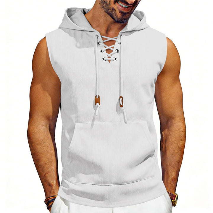 Męska sleeveless z kapturem kamizelka z lace-up V-neck, kieszeń kangurka, i Codzienny Krój