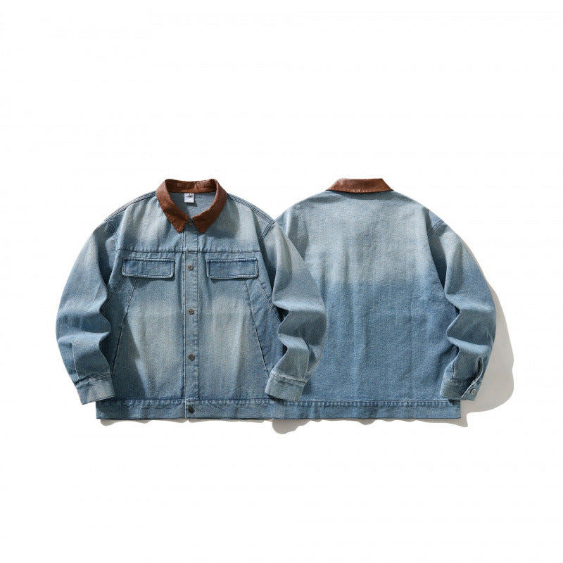 Męska denim kurtka w worker wygląd z kontrastowym kołnierzem
