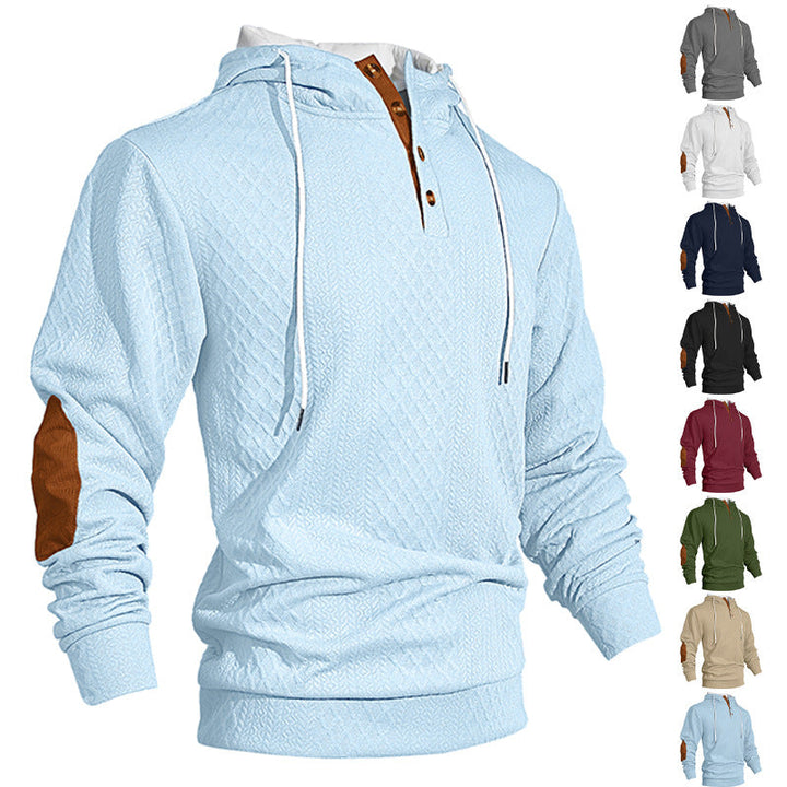 Męska nan diamond structure bluza z kapturem z krótka Listwa guzikowa, pikowana kaptur wewnętrzny edge, i zamsz elbow patch