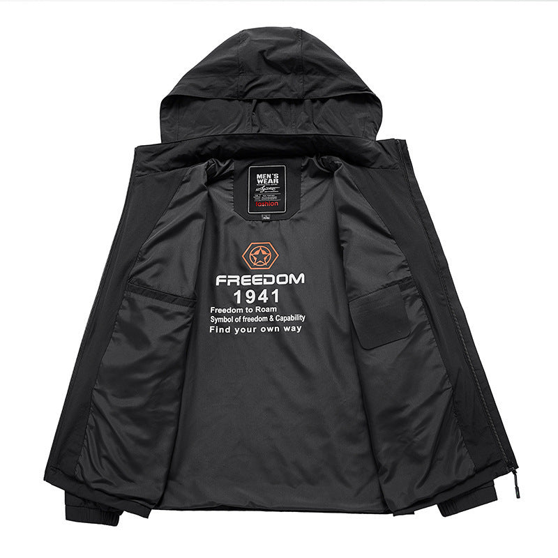Męski Oddychający Kurtka softshell z Regulowany Kaptur i Ukryty Two-Way Zamek