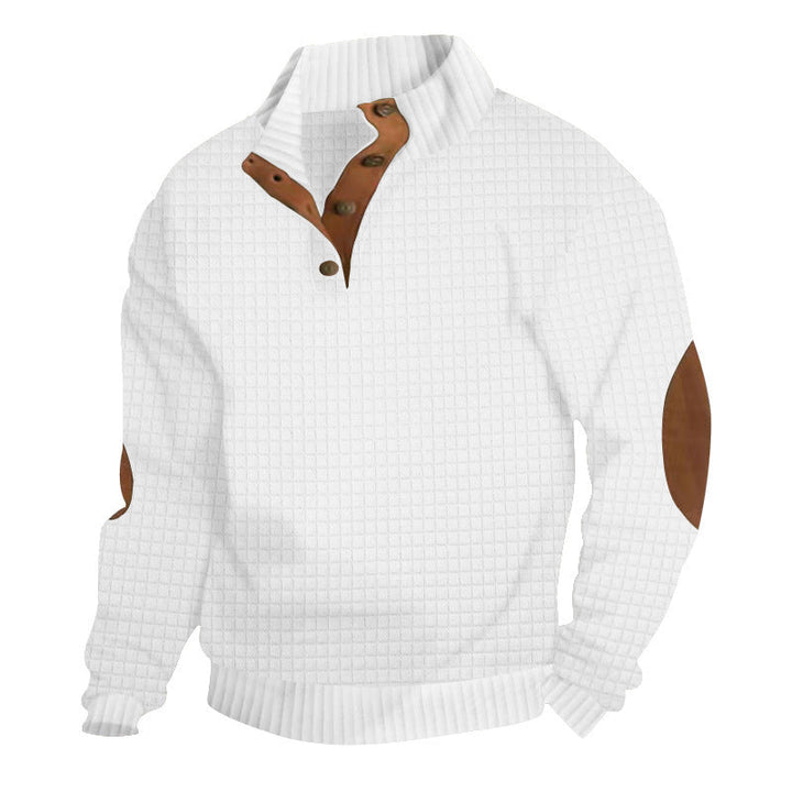 Męska Strukturalny Waffle Dzianina Henley Sweter z Skóra Wykończenie &amp; Elbow Patches