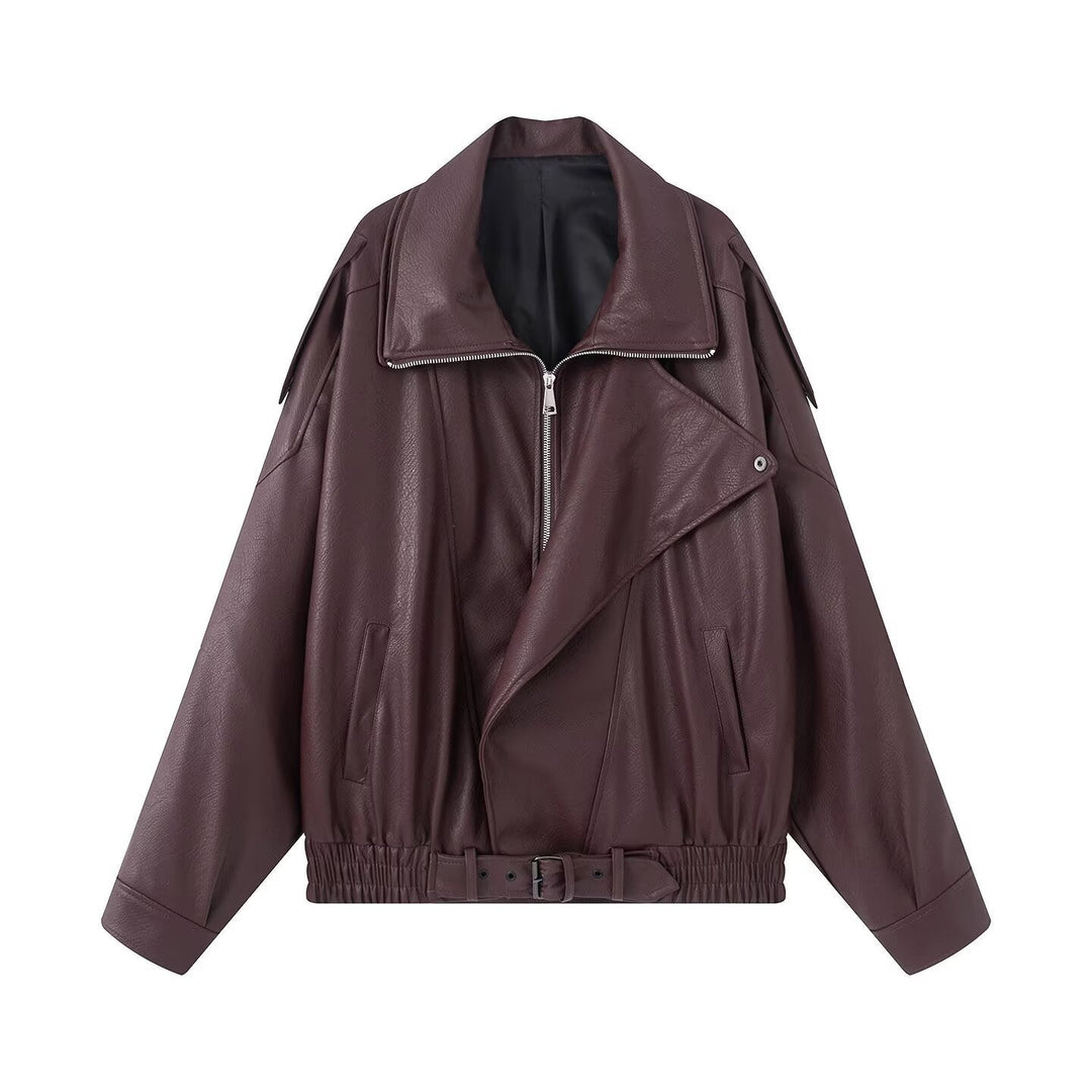 Damska Oversize Imitacja skóry Biker Kurtka z Asymmetrical Zamek, Pasek i Elastyczny Talia