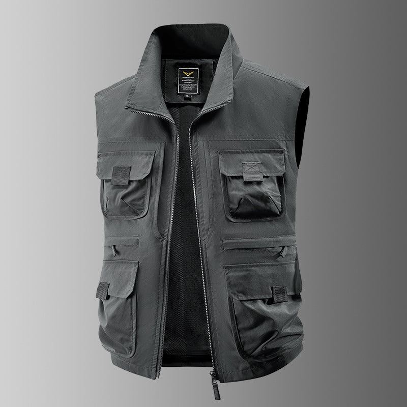 Męska outdoorowy utility kamizelka z multiple kieszeniami, rewdlaced wserts, i przód zamkiem