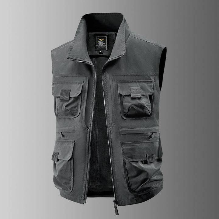 Męska outdoorowy utility kamizelka z multiple kieszeniami, rewdlaced wserts, i przód zamkiem