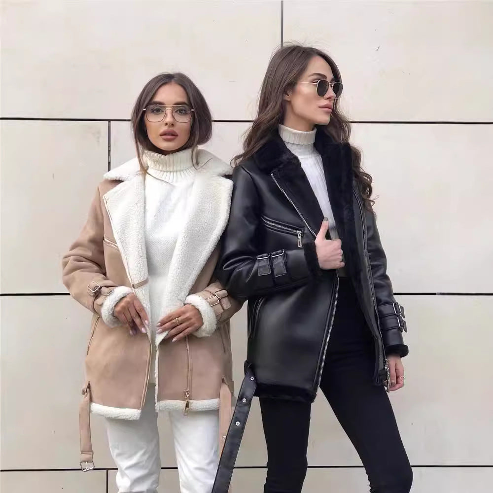 Damska oversize imitacja skóry Pilot kurtka z Teddy Fur Lining i Buckles Lumaza